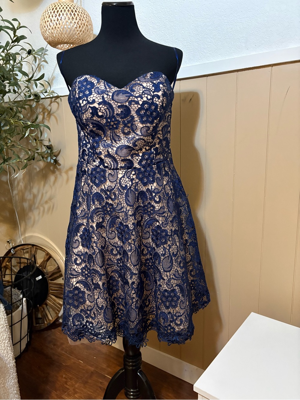 May Queen Navy Lace Strapless Sweetheart Fit & Flare Dress
